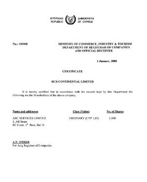 Cyprus Certificate of Shareholder Capital